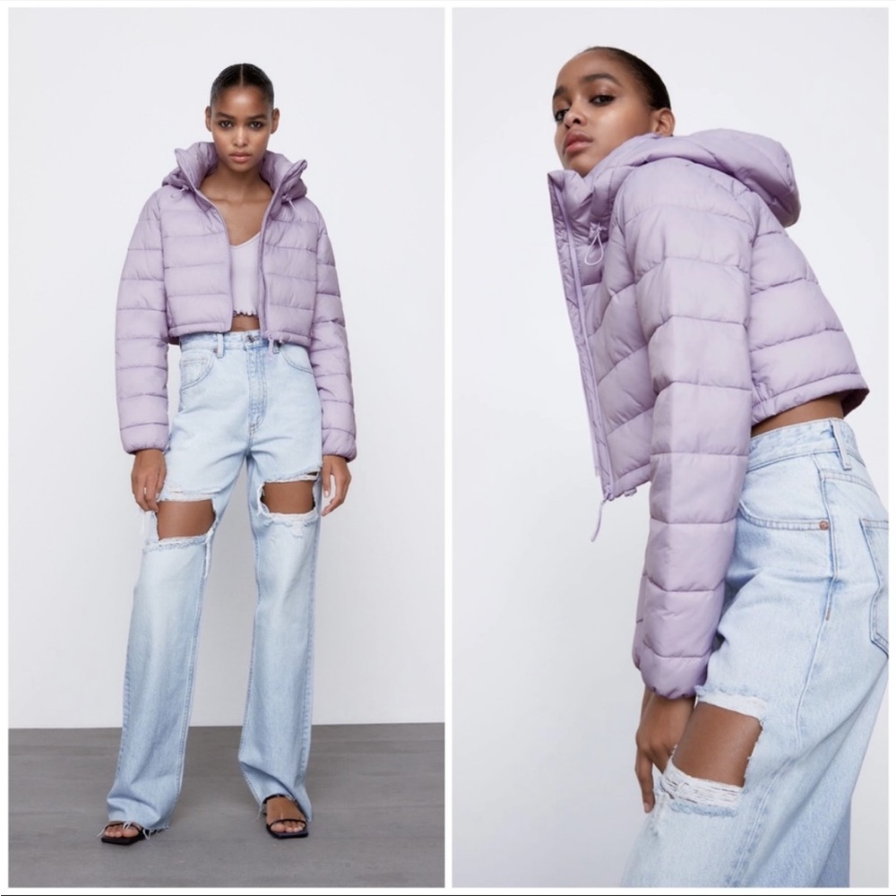 Zara water repelllent cropped lila lavender puffer hoodie jacket